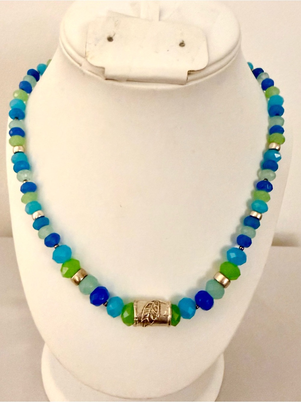 925 Sterling Silver Blue Green Faceted Bead Necklace 18" 42.9g
